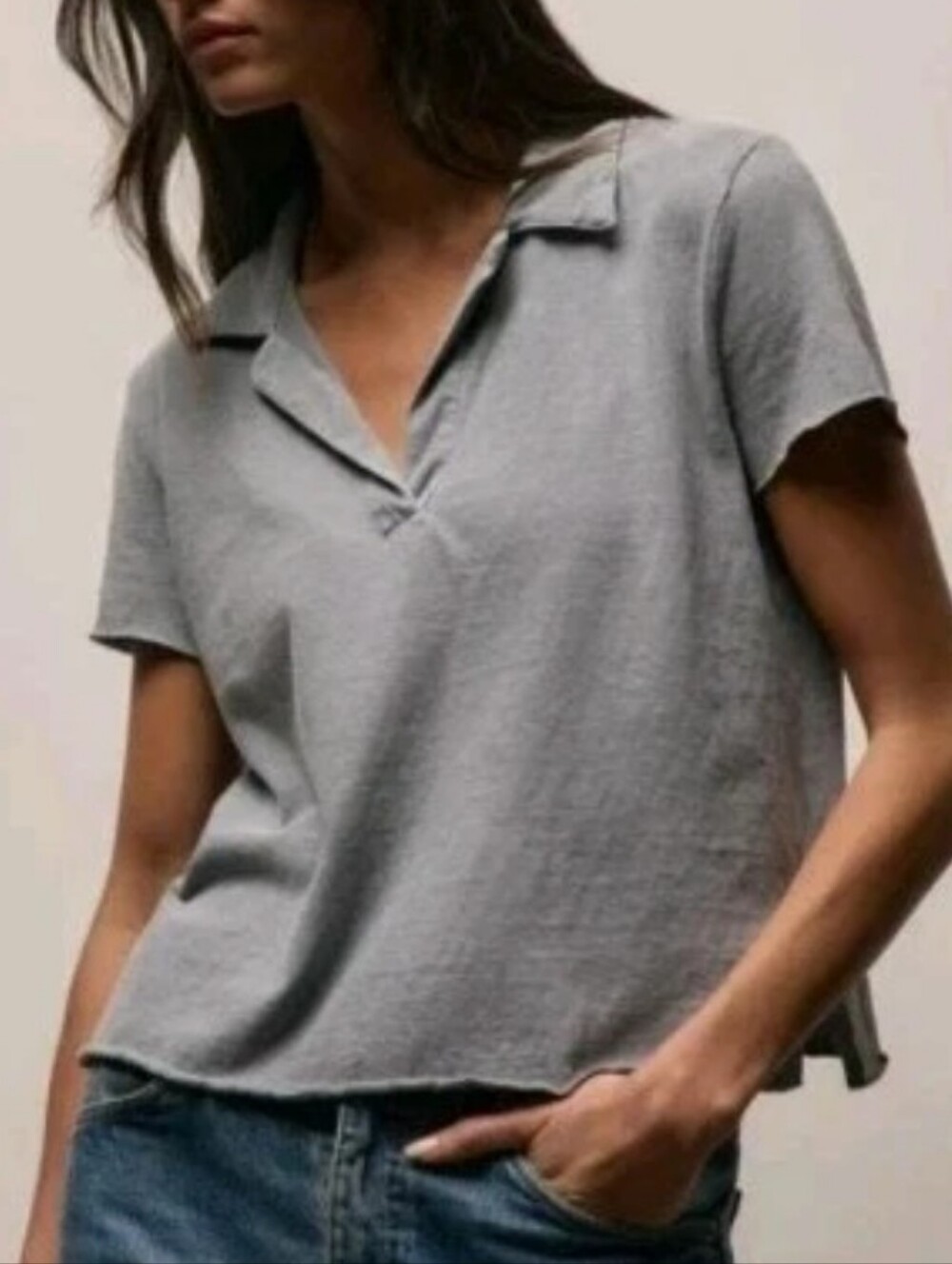 James Perse 4 Woman XL Polo Shirt V-Neck Slub Jersey Cotton Ore Pigment Preppy